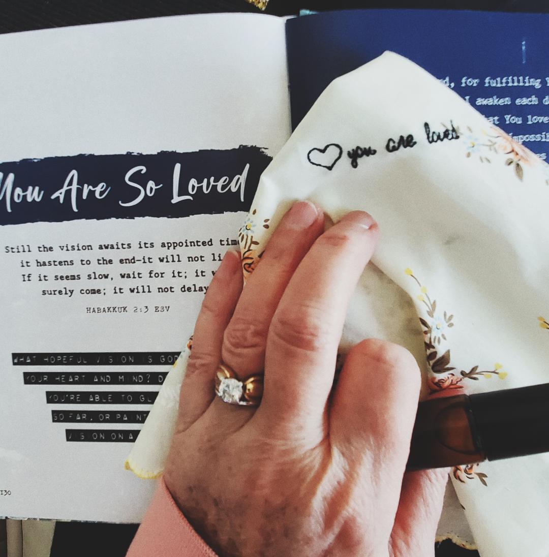 Embroidered "loved" hankie / anointing oil Prayer Packs
