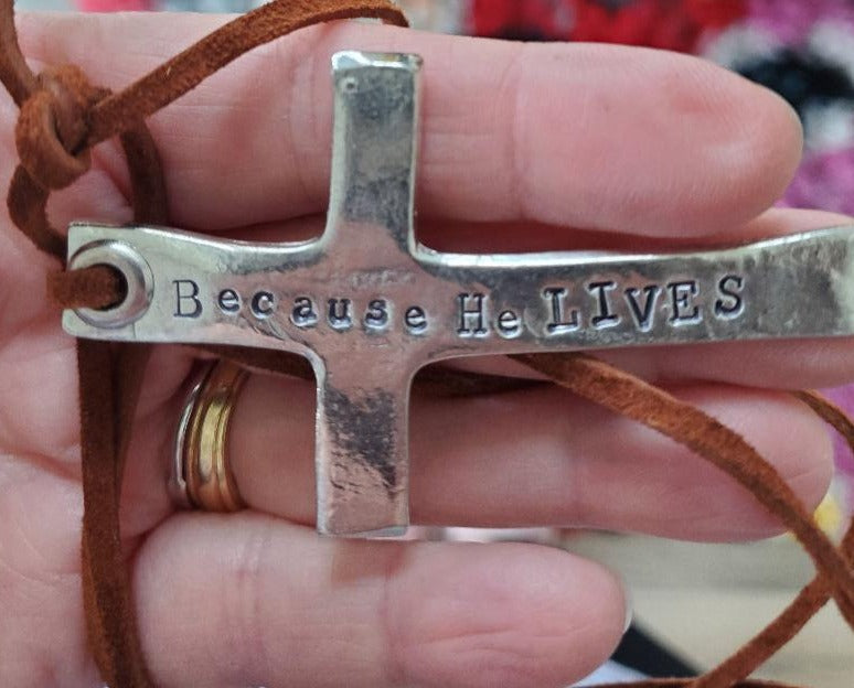 "Because He lives" pewter cross necklace (includes "Covered" 5 x 7 print)